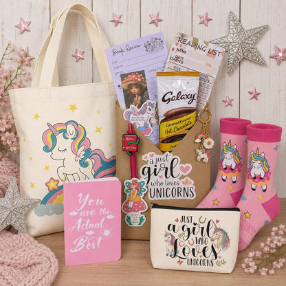 Unicorn Gift, Mystery Book Gift Set | Unicorn Lover Gift Box | Book Lover Gift | Reading Journal, Tote Bag, Socks, Bookish Gifts for Girls