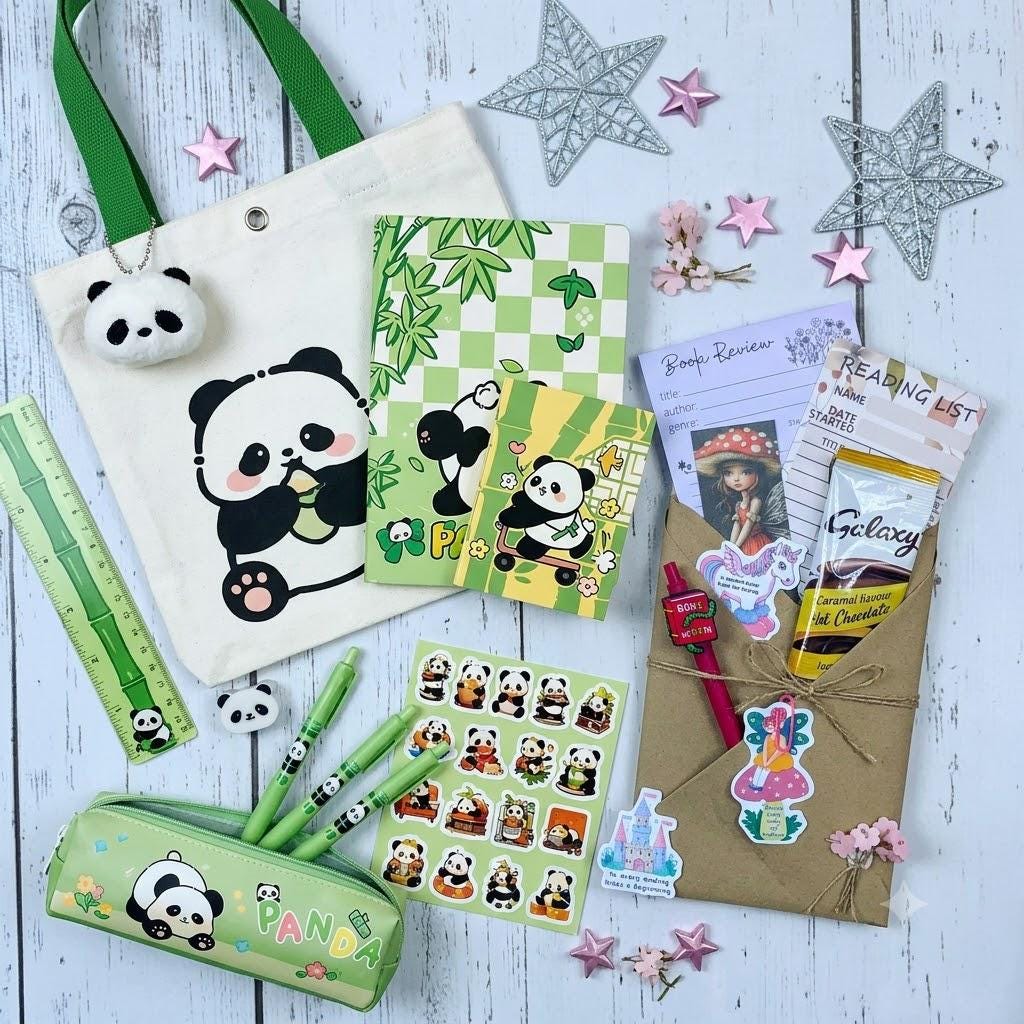 Panda, Mystery Book Gift Set | Wrapped Blind Date with a Book | Panda Tote Bag, Pencil Case, Gel Pens, Notebook, Stickers  | Book Lover Gift