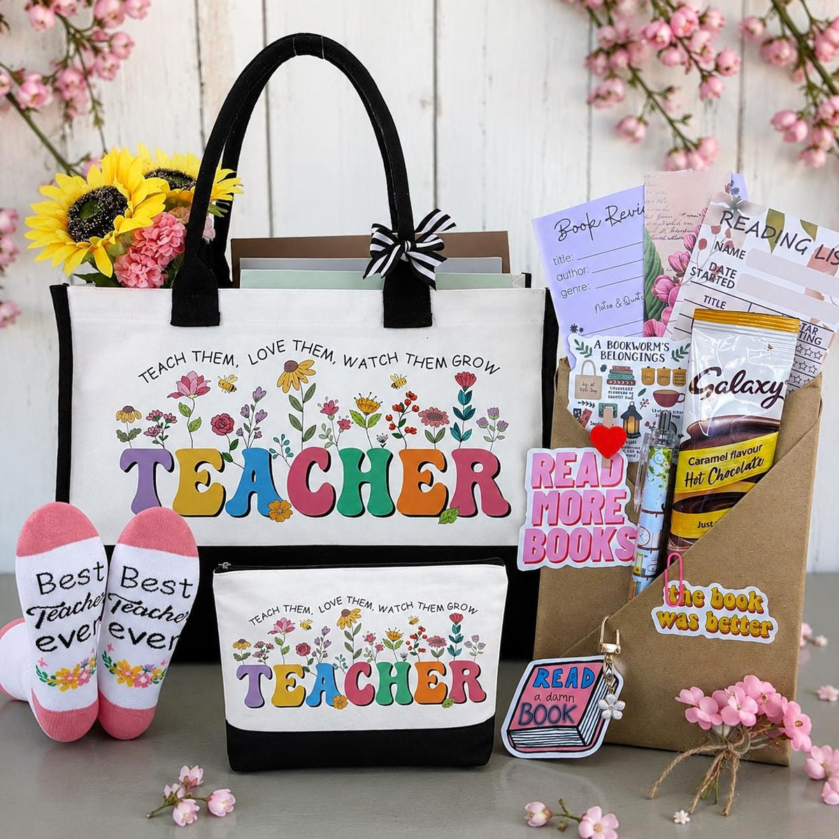 Teacher Gift, Mystery Book Box Gift Set | Teacher Appreciation Gift | Book Lover Gift Box |  Tote Bag & Pouch Set | End of Year Teacher Gift