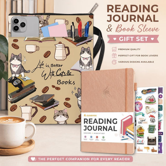 Reading Journal & Book Sleeve Gift Set | Rose Gold Reading Journal with Protective Book Sleeve Bag | Book Lover Gift | Multiple Designs
