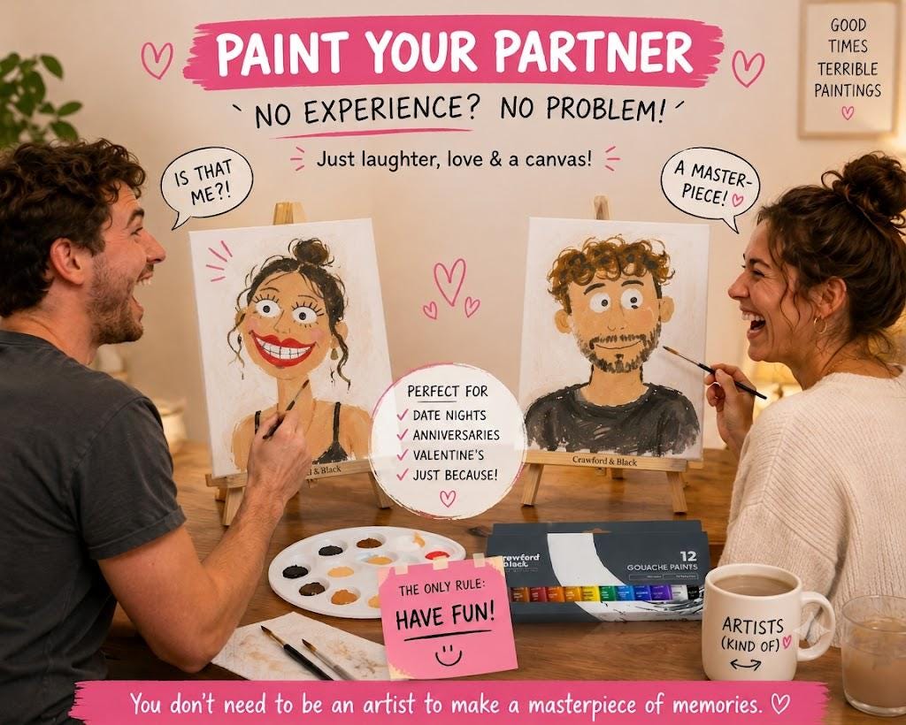 Paint Your Partner, Date Night Kit | Couples Painting Kit with Canvas, Paints/Brushes & Guide | Fun At Home Date Night Gift | Wedding Gift