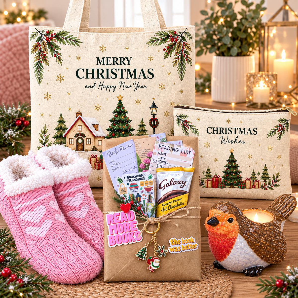 Christmas Gift Set, Blind Date With a Book, Christmas Book Gift, Adult or Children's Gift, Tote Bag & Slipper Socks, Mystery Book