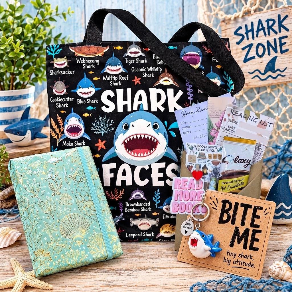 Shark Gift Set, Mystery Book,  Shark Lover Gift, Wrapped Mystery Book, Sea Themed Journal, Shark Tote Bag & Keyring, Bookish Gift
