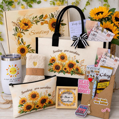 Sunflower Gift Set | Mystery Book | Sending You Sunshine Reading Care Package | Book Lover Gift Box, Tote Bag, Bookish Gifts, Sunflower Gift