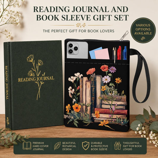 Reading Journal & Book Sleeve Gift Set | Hardback Reading Journal with Protective Book Sleeve Bag | Book Lover Gift | Multiple Designs
