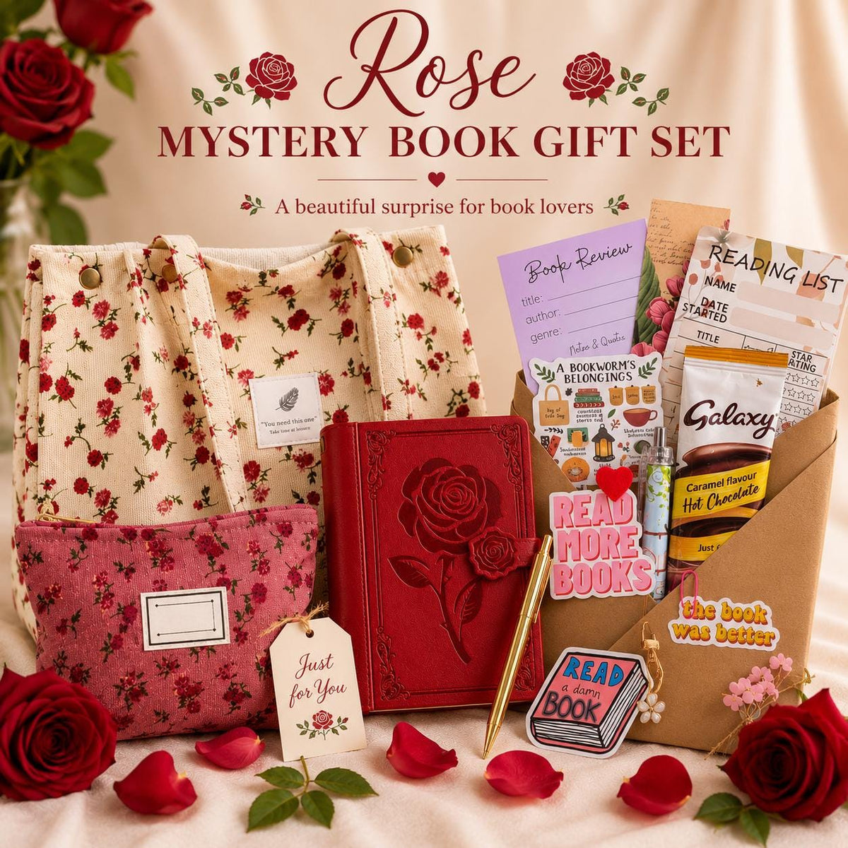 Rose Themed, Mystery Book Gift Set | Book Lover Gift Box | Reading Journal & Tote Bag | Literary Gift for Her | Romantic Reader Gift