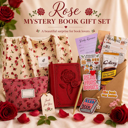 Rose Themed, Mystery Book Gift Set | Book Lover Gift Box | Reading Journal & Tote Bag | Literary Gift for Her | Romantic Reader Gift