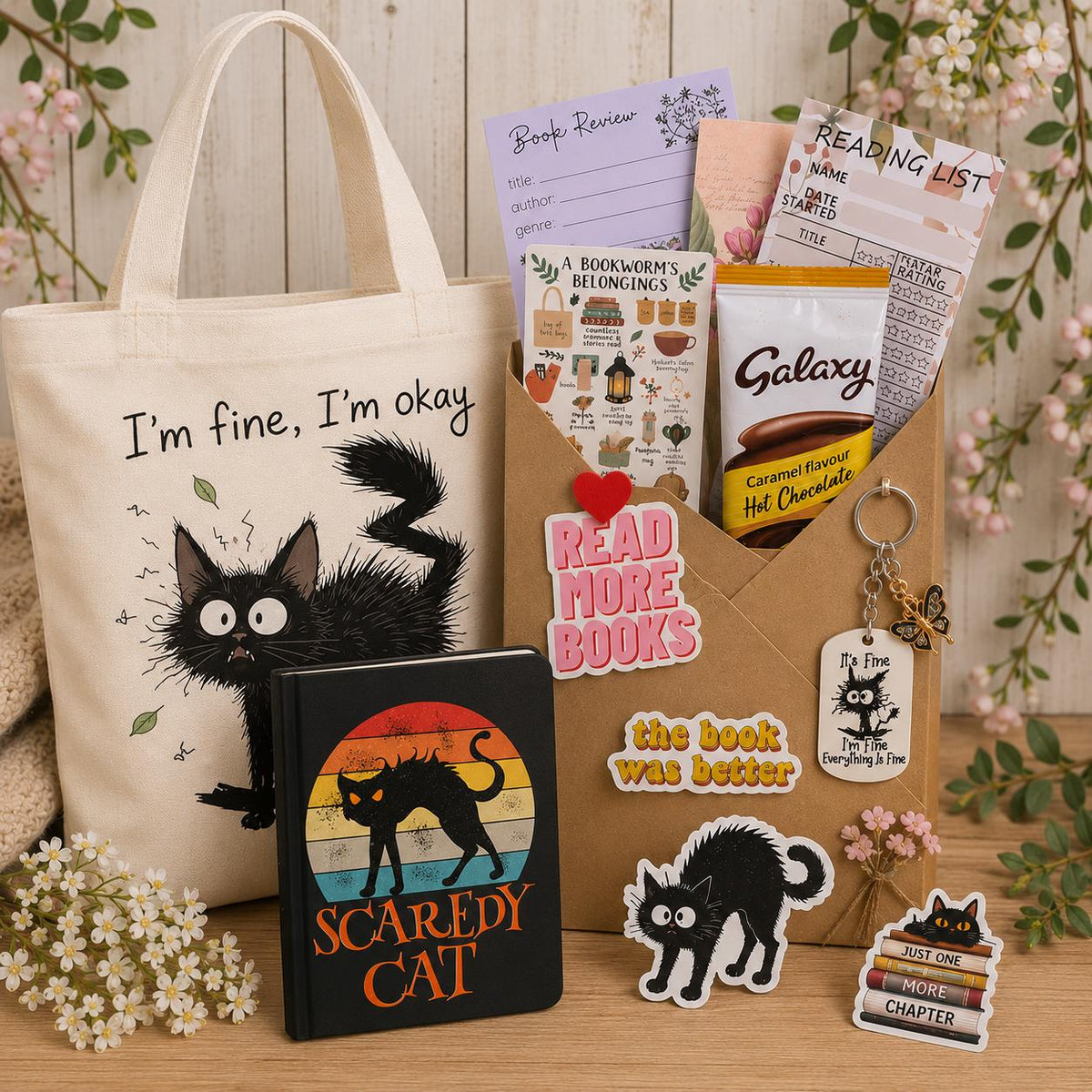 Black Cat, Mystery Book Gift Set | Cat Lover Book Box | Scaredy Cat Journal & Tote Bag | Bookworm Gift | Weird Cat Gift