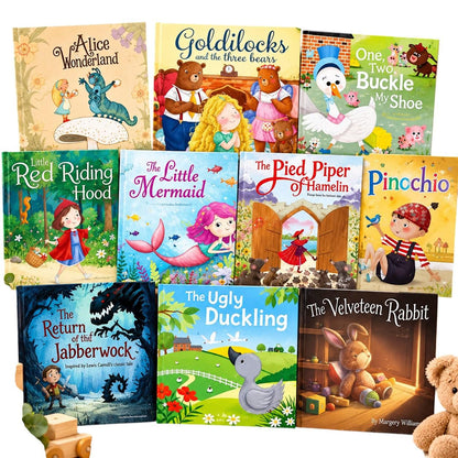 Classic Children's Story Books Set of 10 | Fairy Tales & Bedtime Stories | Alice in Wonderland, Pinocchio, Little Mermaid | Kids Book Gift