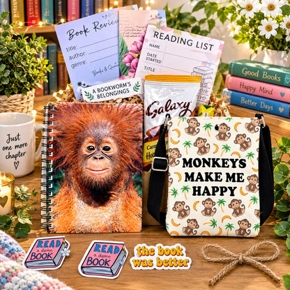 Monkey Gift Set | Mystery Book | Lover Gift | Crossbody Bag, Journal & Bookish Extras | Mystery Book Gift for Readers | Loves Monkeys
