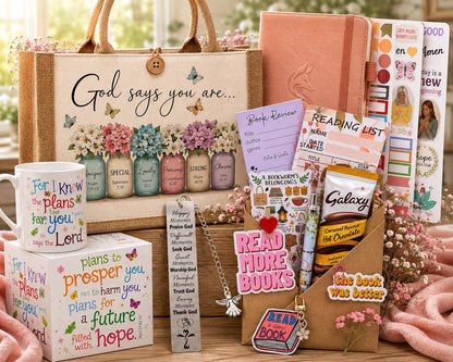 Christian Gift Set for Women | Faith Journal, Scripture Mug, Inspirational Tote Bag,  Reading Care Package Gift Box, Optional Mystery Book