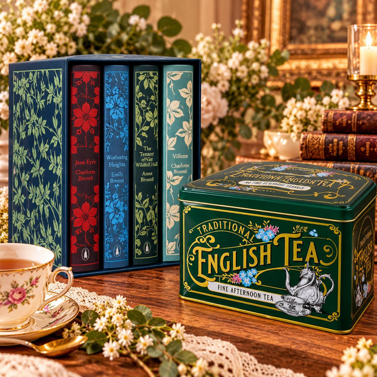 Brontë Sisters Penguin Clothbound Classics Boxed Set | 4 Hardback Books & Traditional English Afternoon Tea  Gift Set| Literary Gift