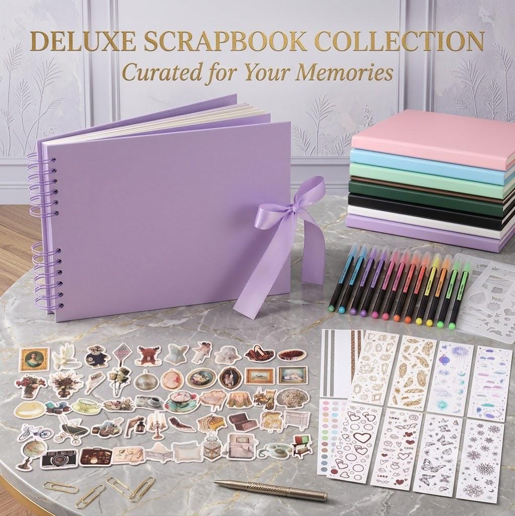 Deluxe Scrapbook Kit with Accessories, DIY Photo Album Set with Stickers & Metallic Pens, Memory Book, Gift for Crafters