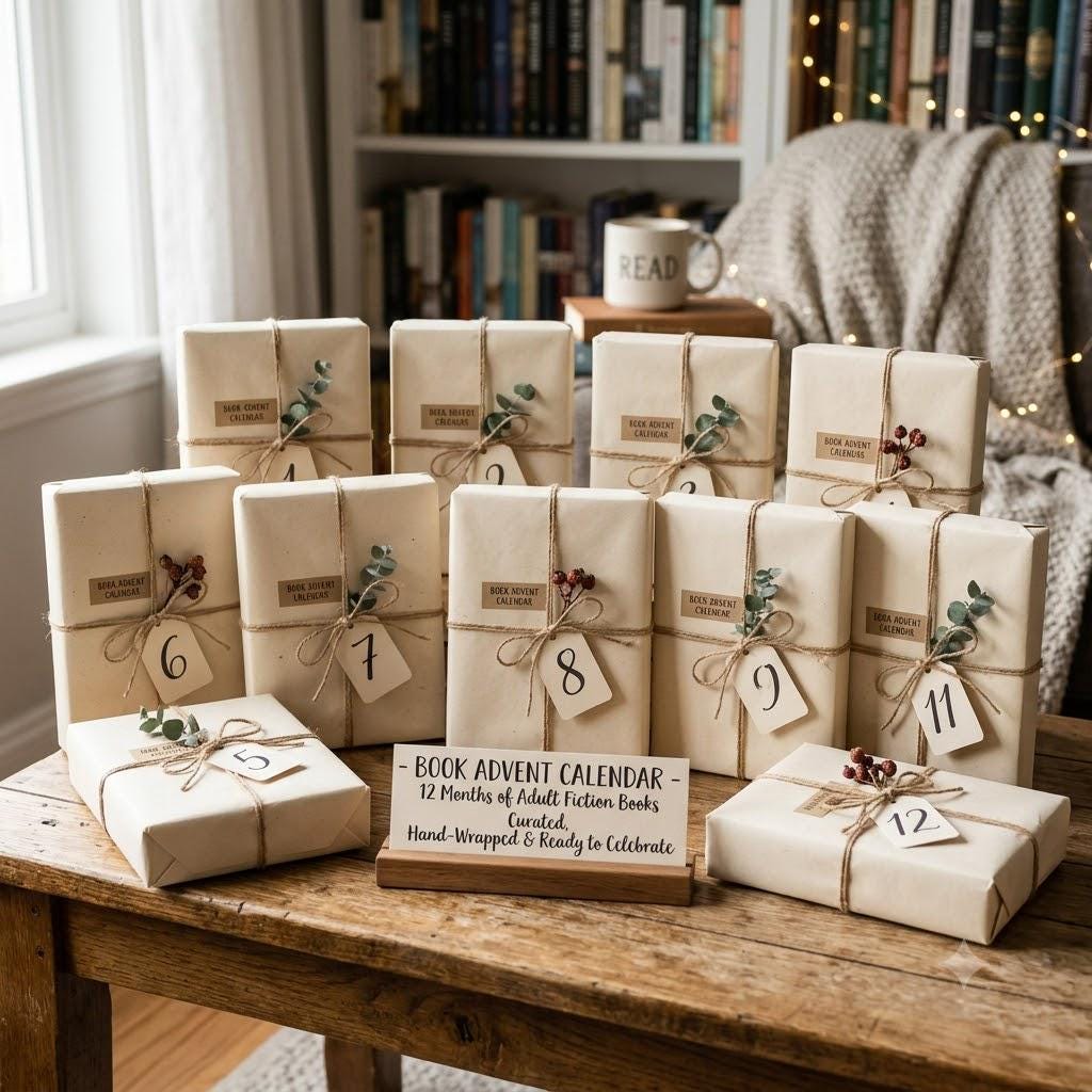 Book Advent Calendar - 12 Months of Fiction Books, Year of Books Gift  – 12 Wrapped Books, Stickers, Chocolate, Bookmark (Blind Date)