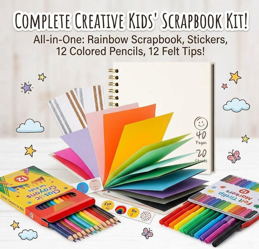 Kids Scrapbook Kit with 12 Colored Pencils & 12 Felt Tip Pens | Rainbow Scrapbook Album, Childrens Craft Set, DIY Activity Journal