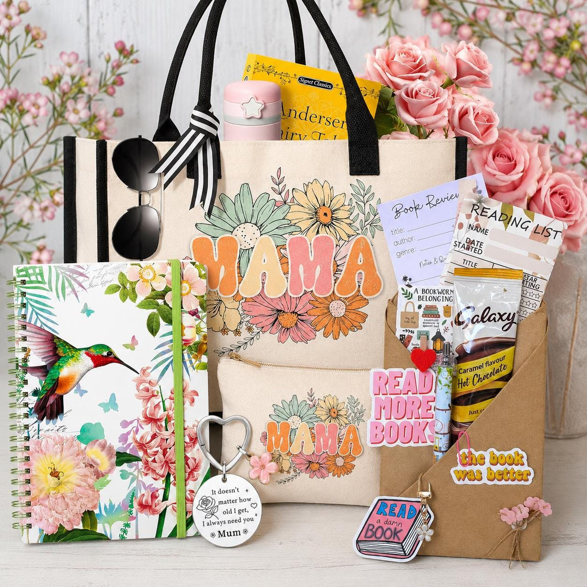 Mystery Book, Gift Set for Mum, Mama Reading Gift Box, Book Lover Present, Floral Journal, Tote Bag, Reader Care Package