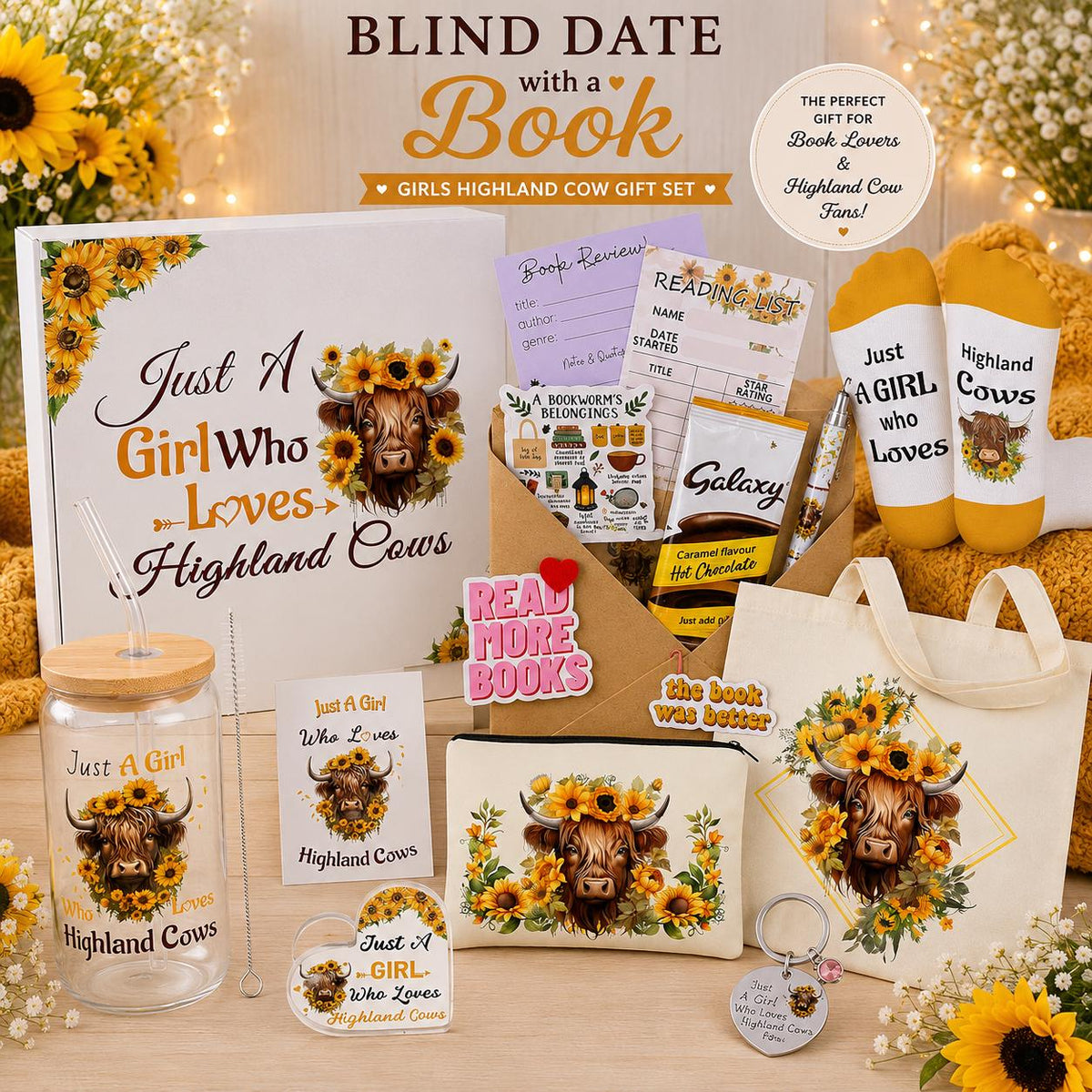 Highland Cow Gift Set | Blind Date With A Book | Book Lover Mystery Gift Box | Cozy Reader Gift | Highland Cow Tote & Accessories