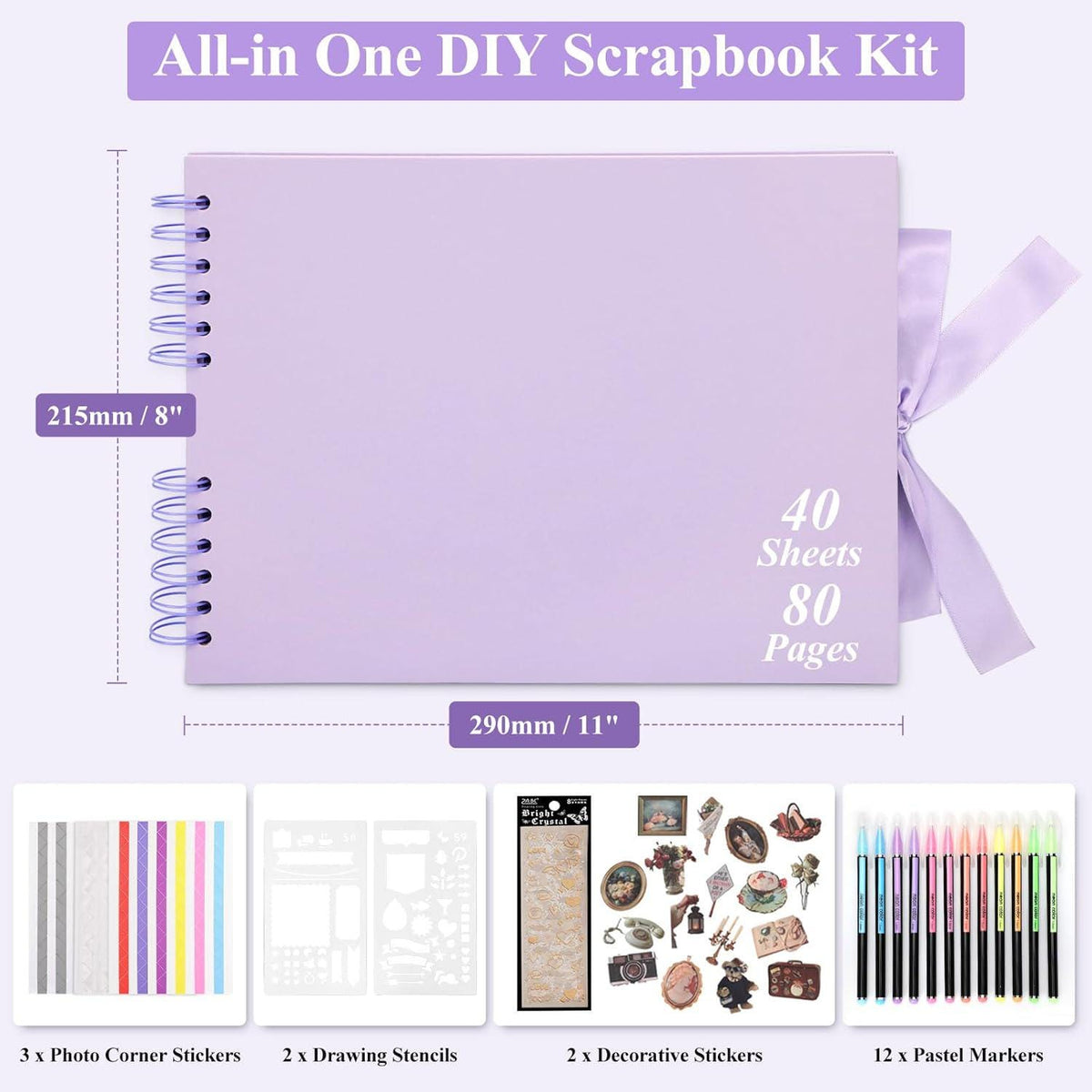 Deluxe Scrapbook Kit with Accessories, DIY Photo Album Set with Stickers & Metallic Pens, Memory Book, Gift for Crafters