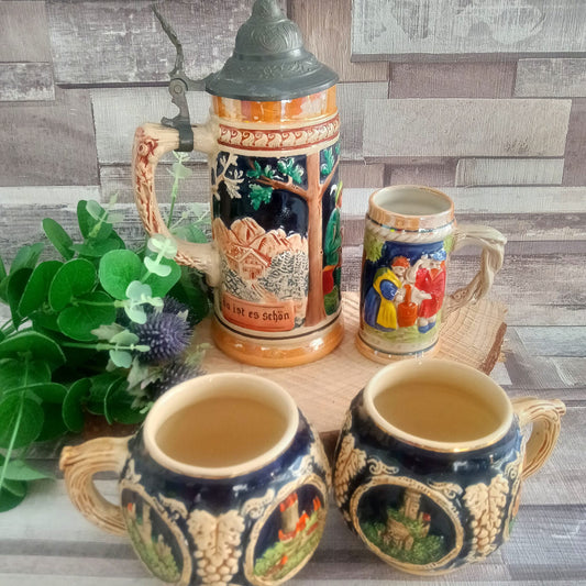 Vintage Hand-Painted German Stein: Ceramic Beer Mug with Pewter Lid