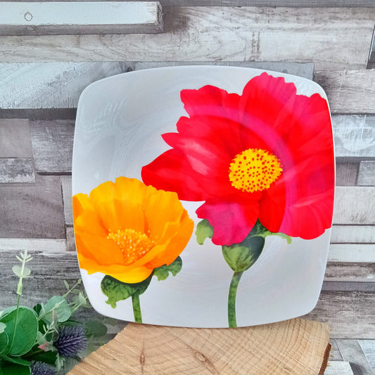 Vintage French Poppy Plate: Square Arc Tableware (26x26cm)