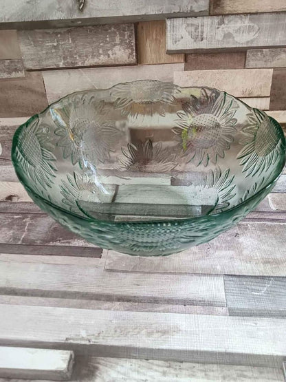 Vintage Green Glass Bowl Set: Sunflower Design, Candlesticks & Dessert Dishes