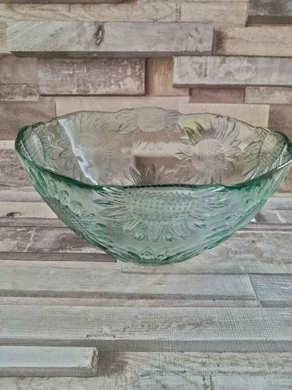 Vintage Green Glass Bowl Set: Sunflower Design, Candlesticks & Dessert Dishes