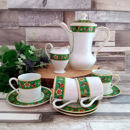 Vintage Espresso Coffee Set: Green Floral Tableware