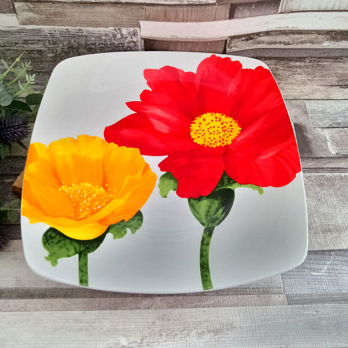 Vintage French Poppy Plate: Square Arc Tableware (26x26cm)