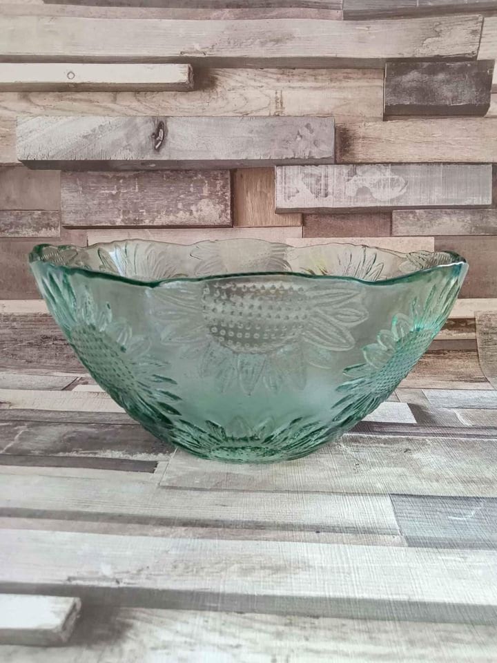 Vintage Green Glass Bowl Set: Sunflower Design, Candlesticks & Dessert Dishes