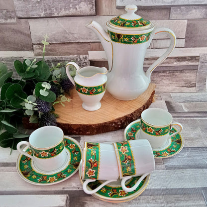 Vintage Espresso Coffee Set: Green Floral Tableware