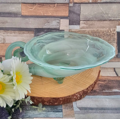 Vintage Green & White Swirl Glass Table Centrepiece: Ornamental Candle Holder