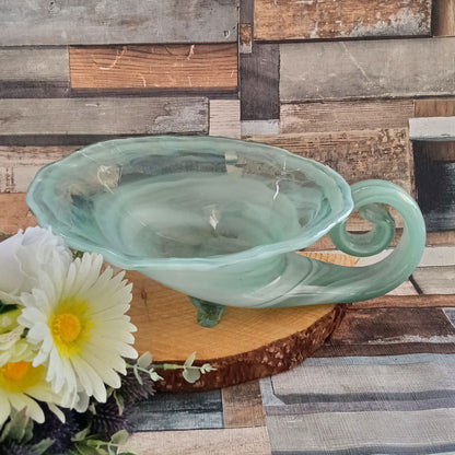 Vintage Green & White Swirl Glass Table Centrepiece: Ornamental Candle Holder