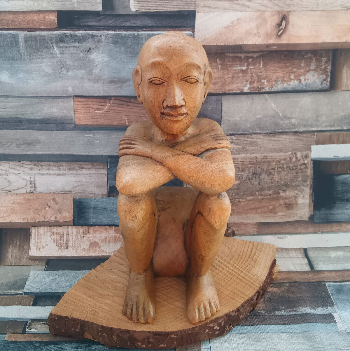 Carved Wood Thinking Man Sculpture: African Thai Decor