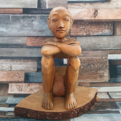 Carved Wood Thinking Man Sculpture: African Thai Decor