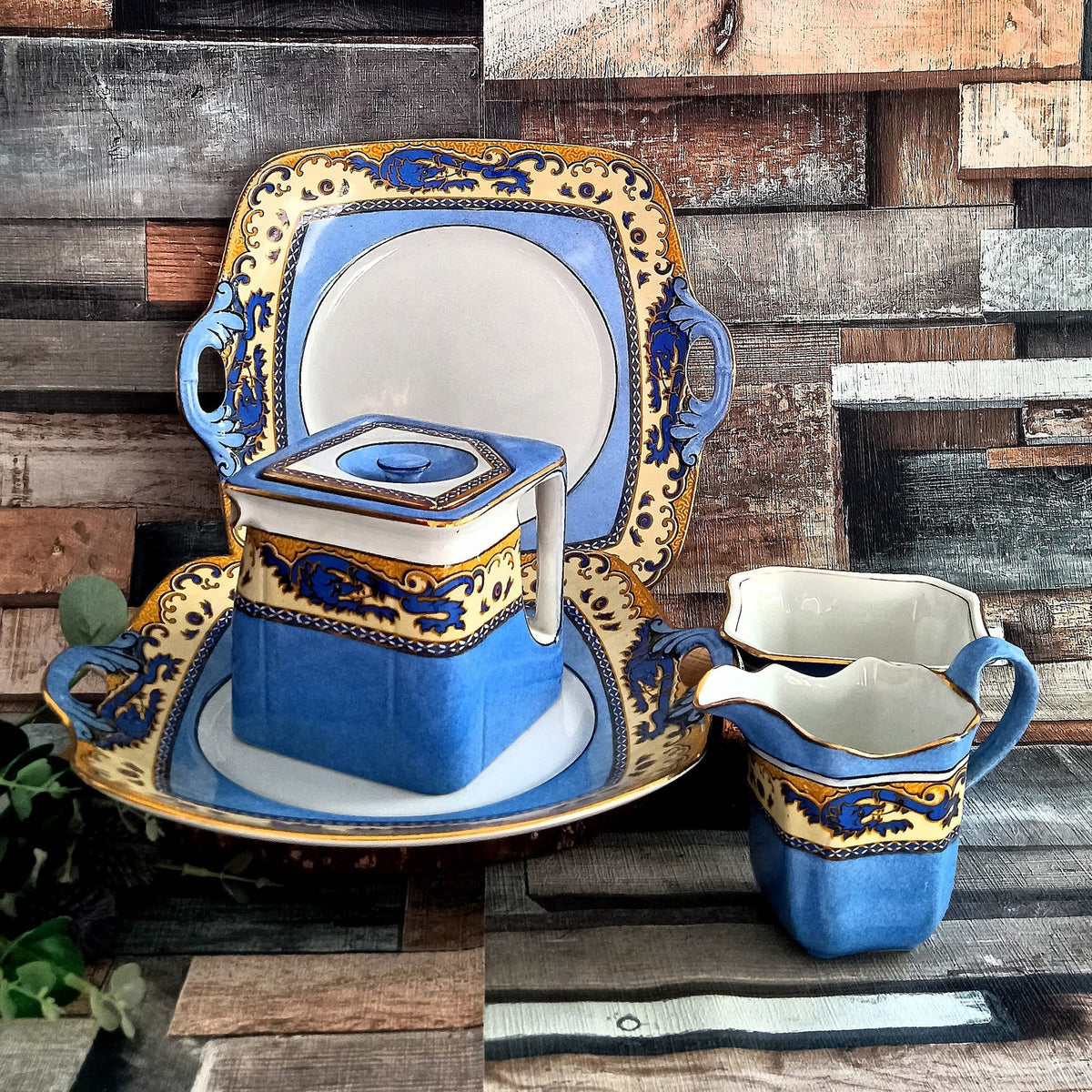 Vintage Royal Winton Ming Teapot Set, Art Deco Blue Dragon Tableware