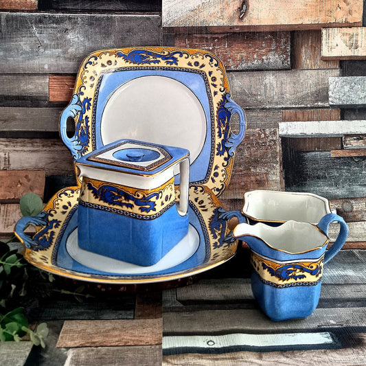 Vintage Royal Winton Ming Teapot Set, Art Deco Blue Dragon Tableware