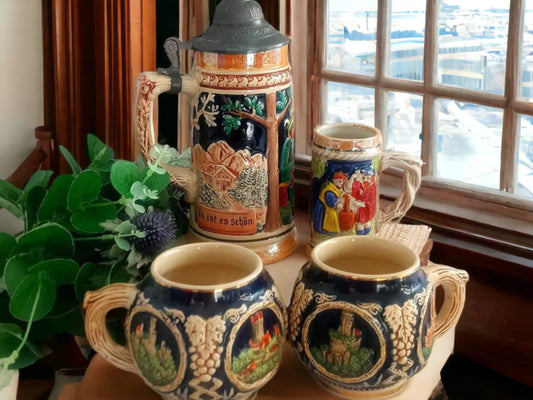 Vintage Hand-Painted German Stein: Ceramic Beer Mug with Pewter Lid