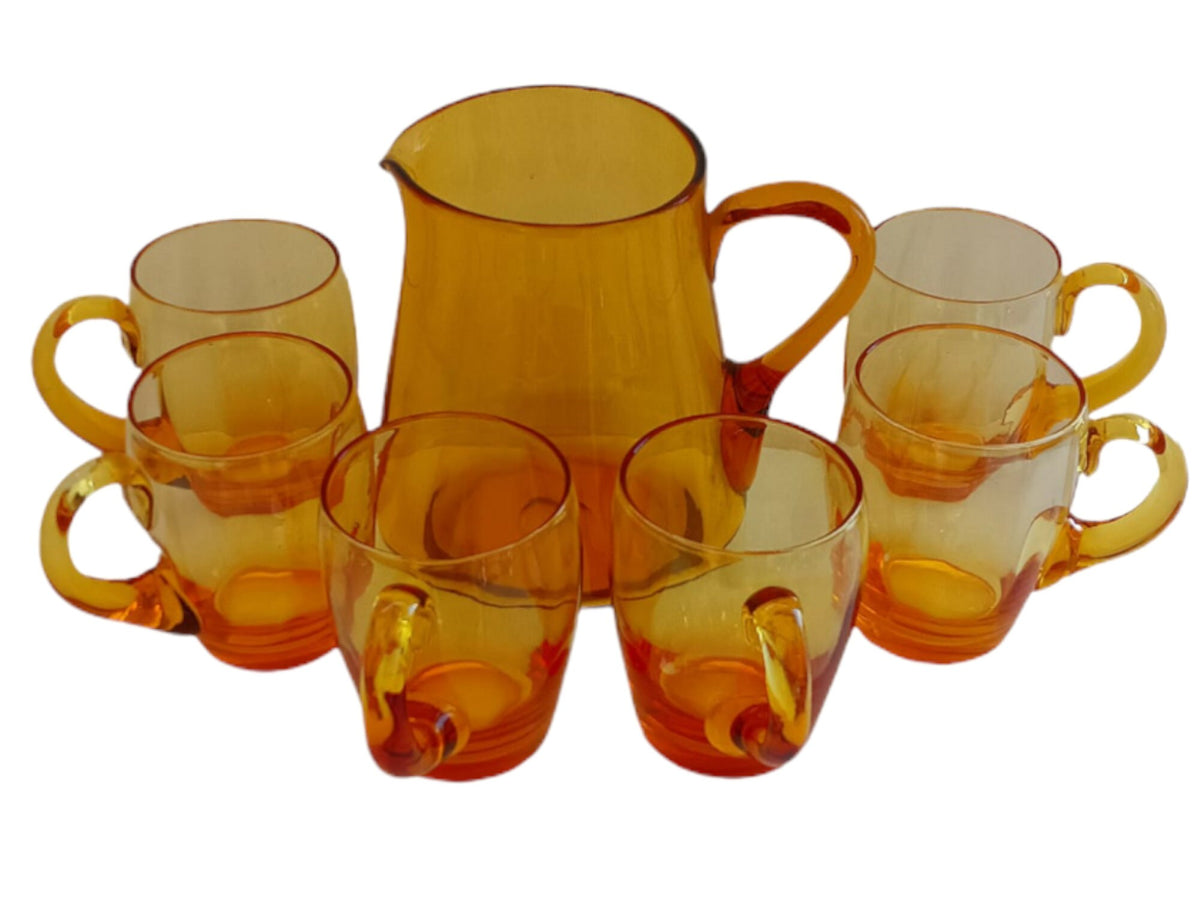 Vintage Amber Glass Jug and Mugs Set: Barware Lemonade Iced Tea