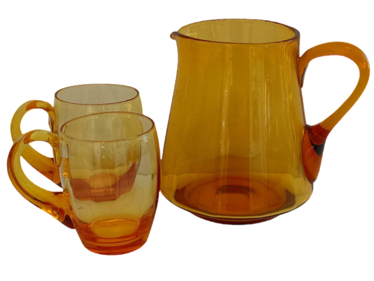 Vintage Amber Glass Jug and Mugs Set: Barware Lemonade Iced Tea