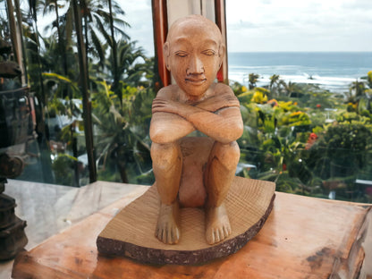 Carved Wood Thinking Man Sculpture: African Thai Decor