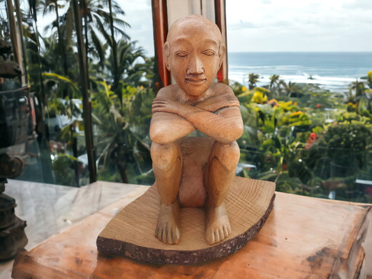 Carved Wood Thinking Man Sculpture: African Thai Decor