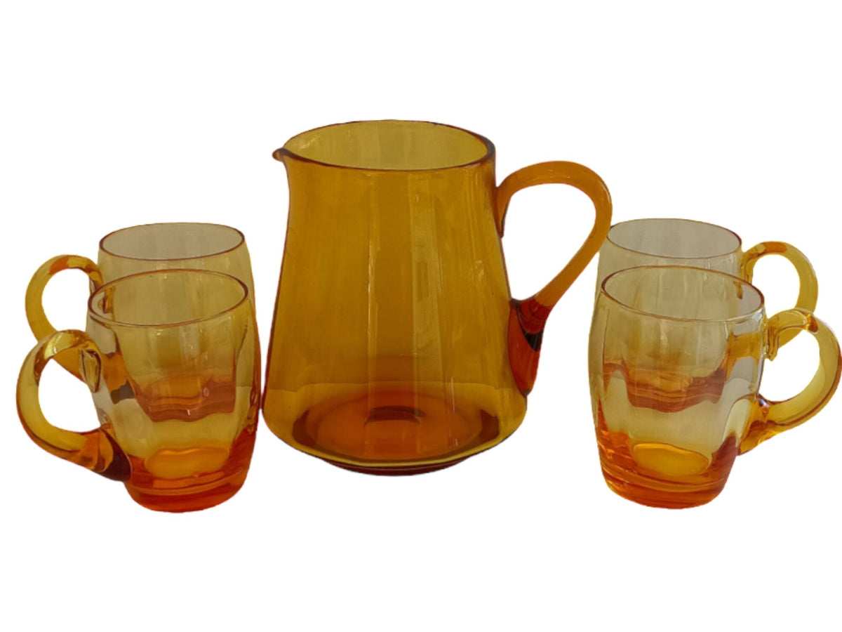 Vintage Amber Glass Jug and Mugs Set: Barware Lemonade Iced Tea