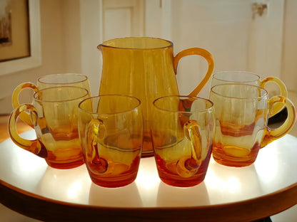 Vintage Amber Glass Jug and Mugs Set: Barware Lemonade Iced Tea