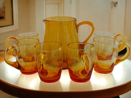 Vintage Amber Glass Jug and Mugs Set: Barware Lemonade Iced Tea
