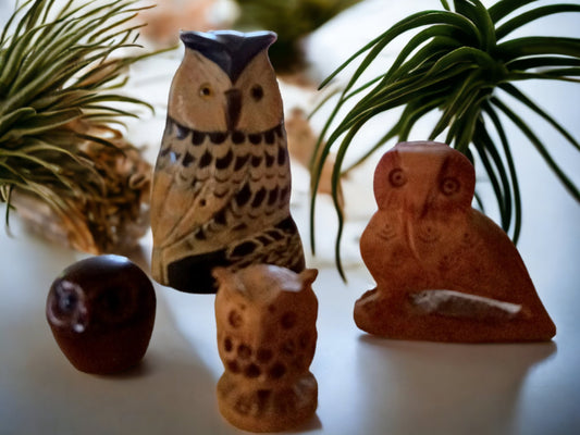 Vintage Owl Figurine Set: Brass, Glass & Wood Owls