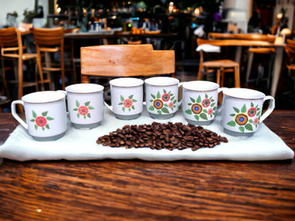 Vintage Polish Porcelain Mugs: Retro Floral Design, Set of 6