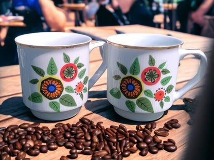 Vintage Polish Porcelain Mugs: Retro Floral Design, Set of 6