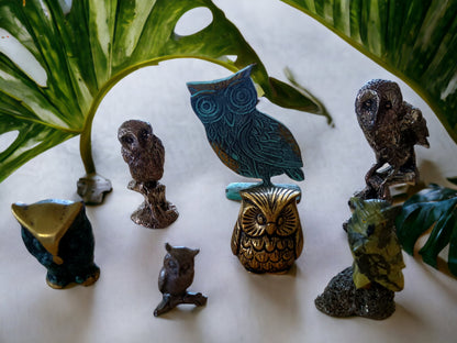 Vintage Owl Figurine Set: Brass, Glass & Wood Owls