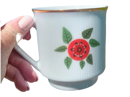 Vintage Polish Porcelain Mugs: Retro Floral Design, Set of 6