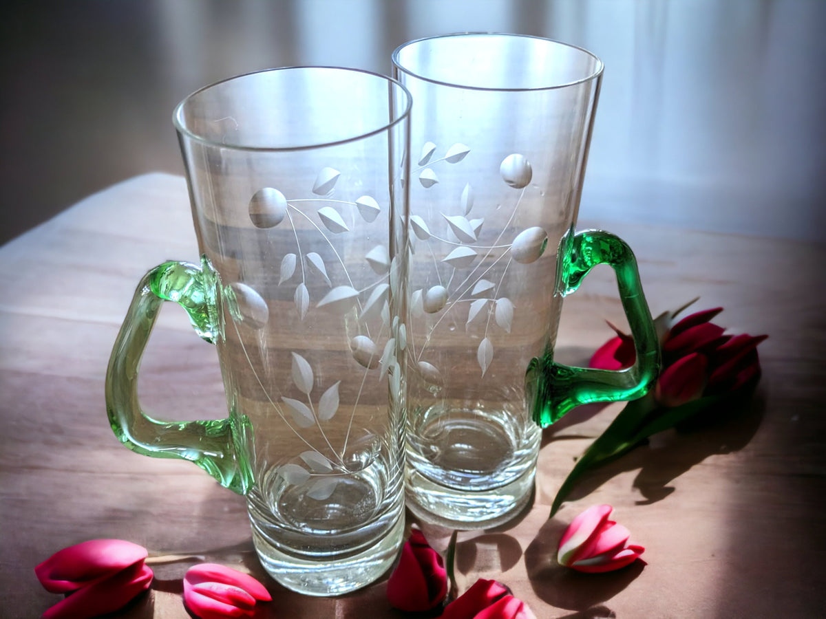 Vintage Etched Glass Mugs: Tall Cocktail Glasses with Green Handles